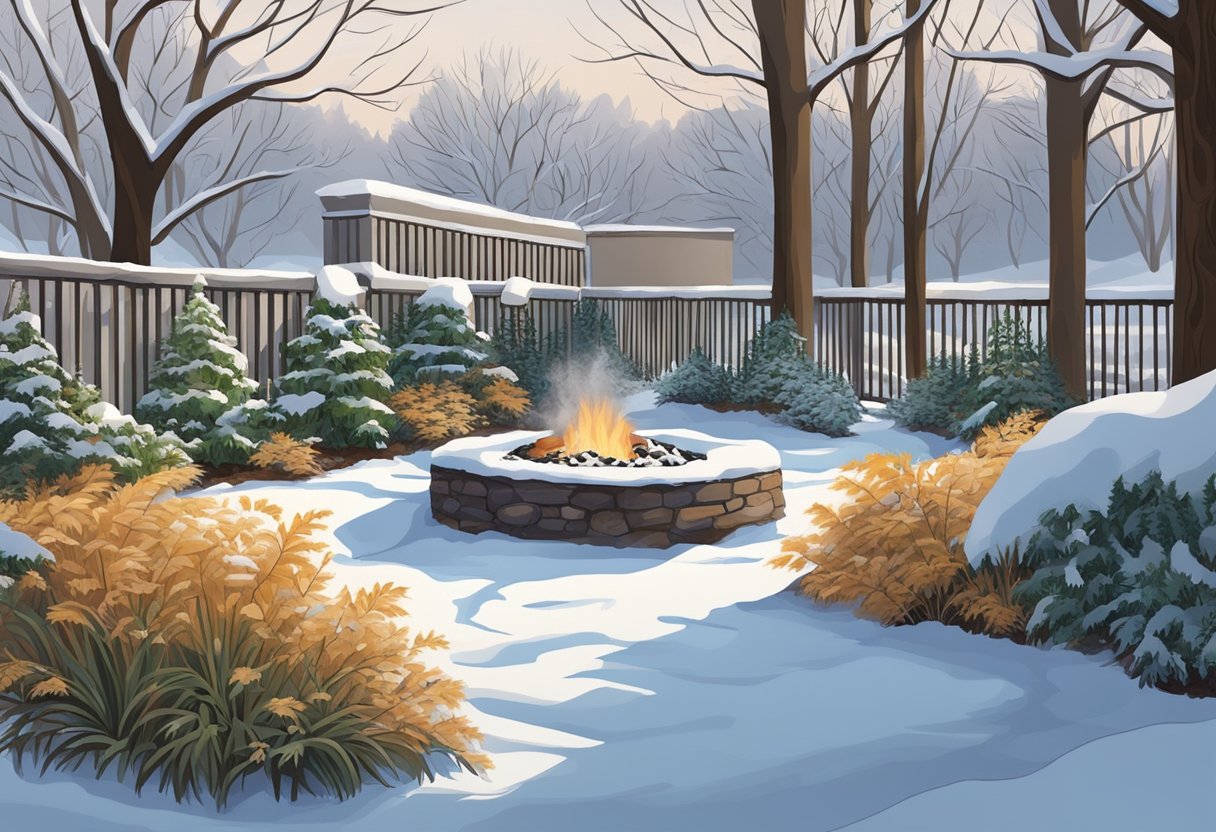 Snow-covered outdoor plants surrounded by protective covers and mulch, with a small space heater providing warmth