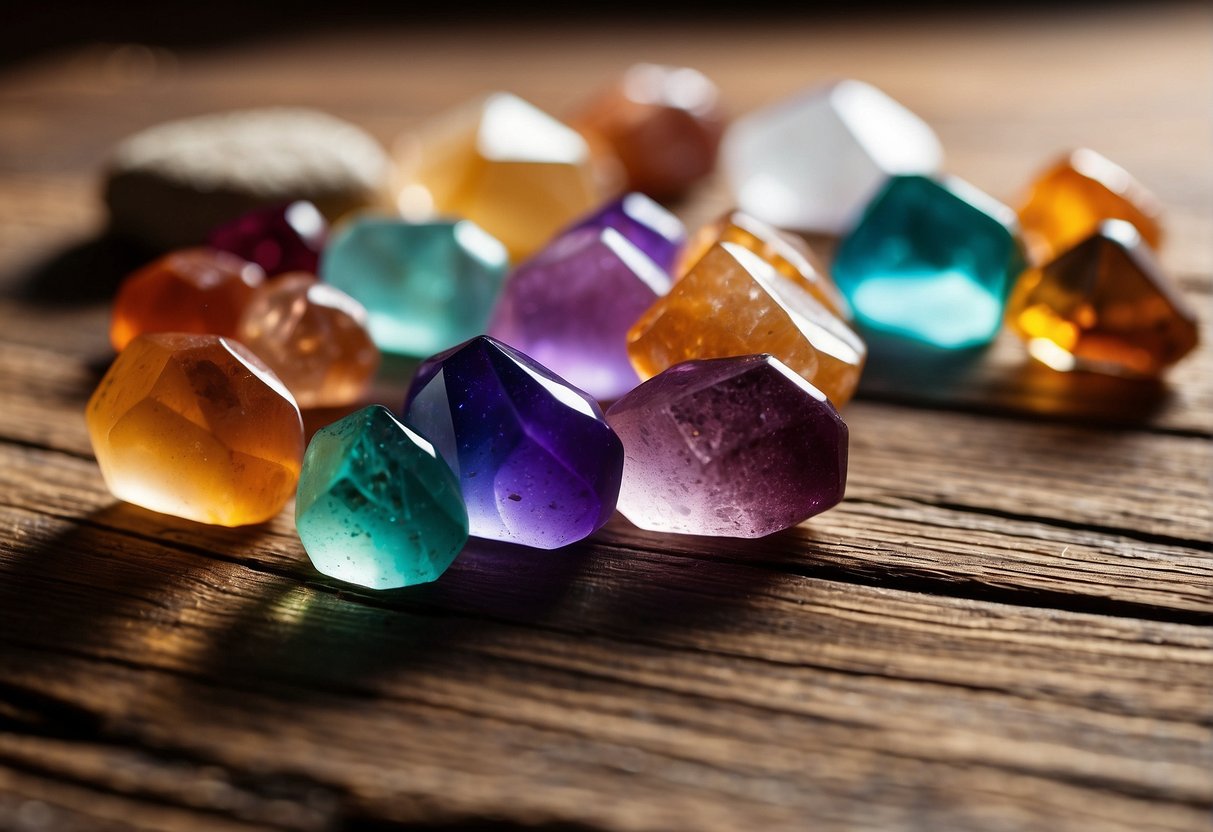 A collection of colorful meditation crystals arranged on a natural wooden surface, catching the light and casting vibrant reflections