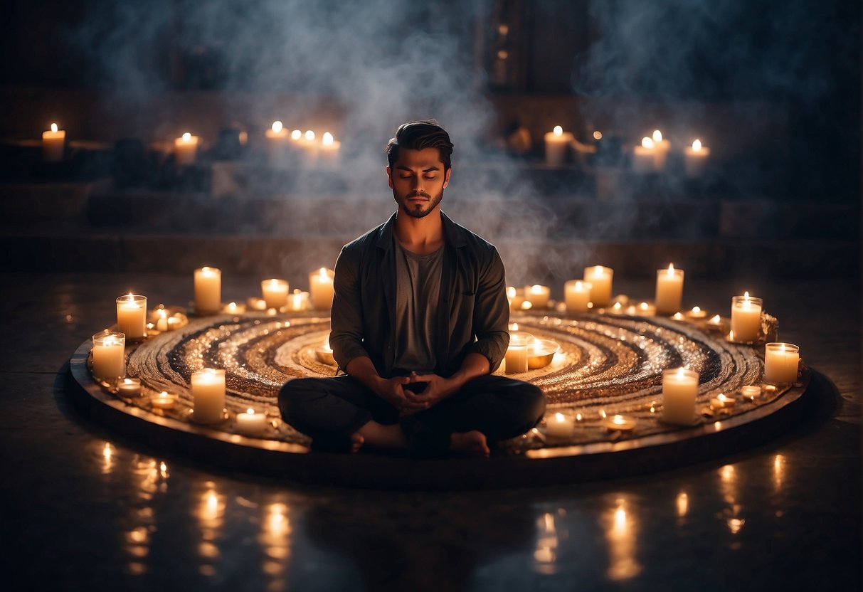 A serene setting with crystals arranged in a circle, surrounded by soft candlelight and incense smoke. A person sits cross-legged in the center, eyes closed in deep meditation