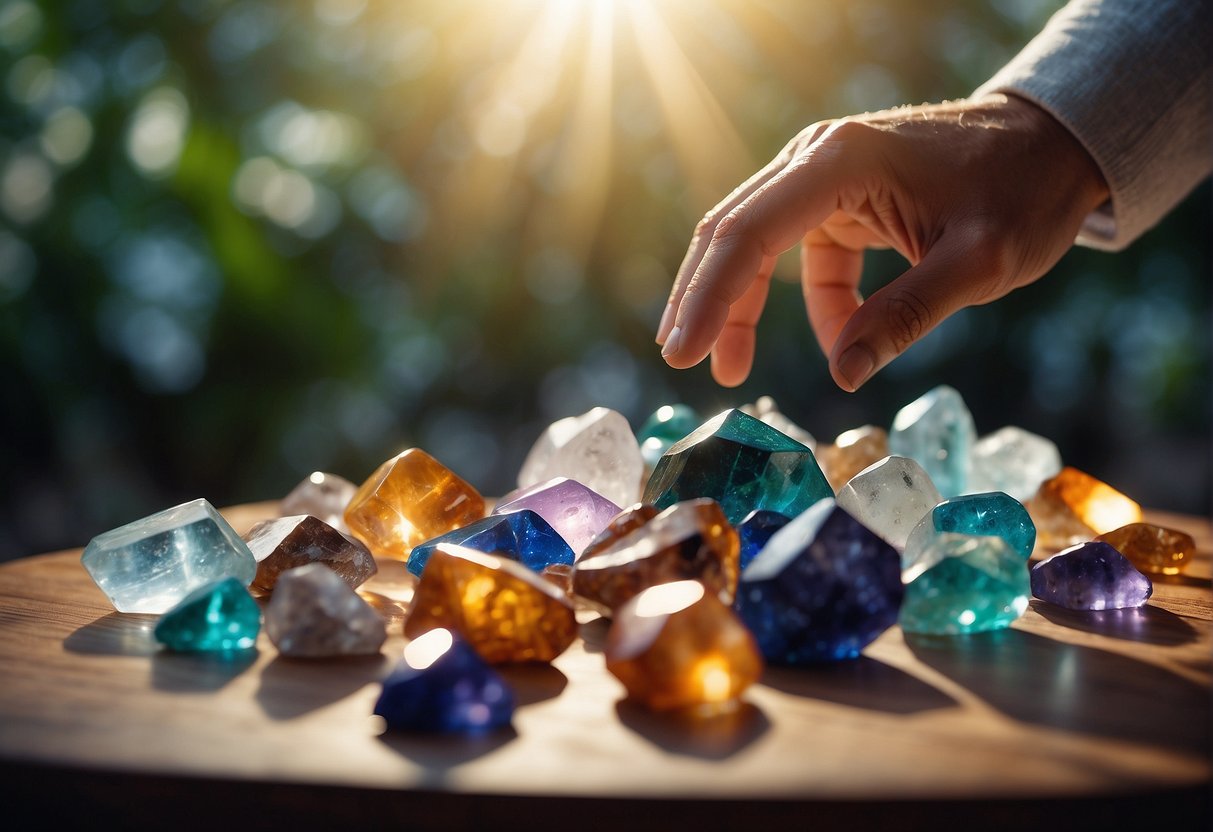 A hand reaches out to touch various meditation crystals arranged on a table, each one sparkling in the soft light