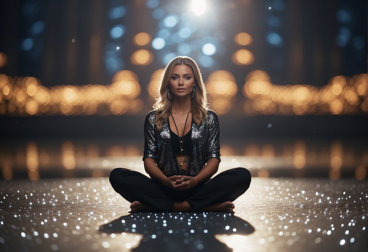 A serene figure sits cross-legged, surrounded by shimmering crystals. The soft glow of the crystals illuminates the peaceful atmosphere, creating a sense of tranquility and focus