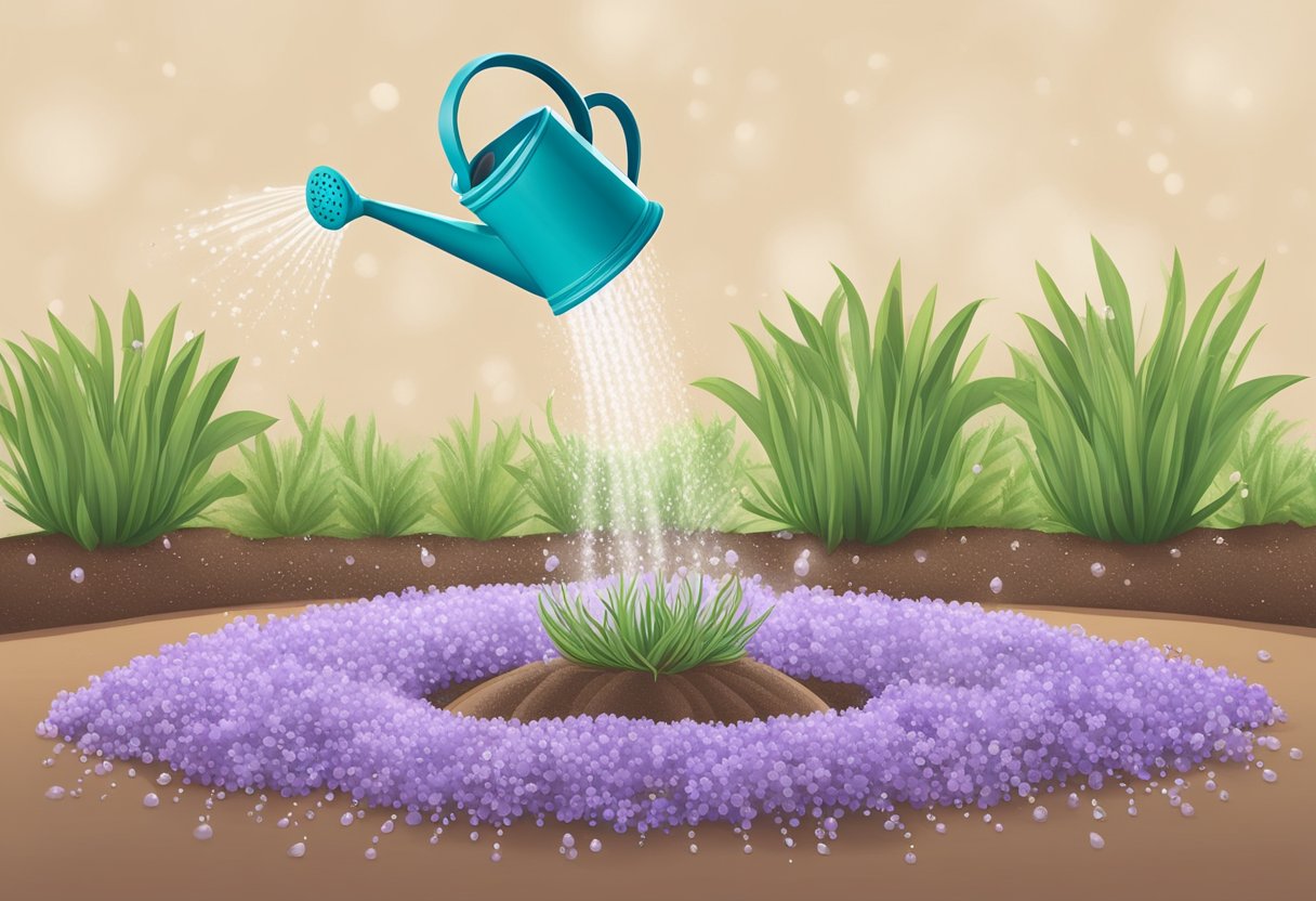 Lavender seeds being watered every 2-3 days, with a small watering can and droplets falling onto the soil