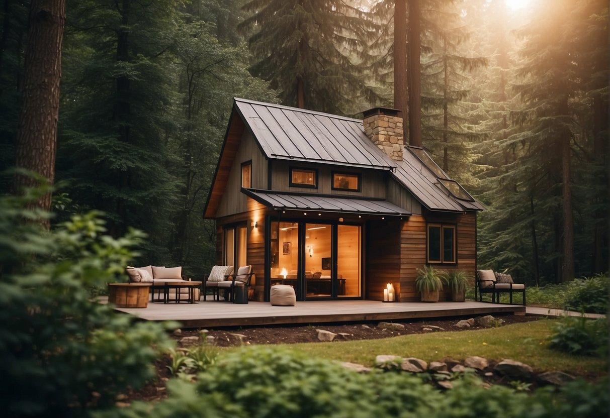 A cozy tiny house nestled in a lush forest clearing, surrounded by tall trees and a bubbling stream. A small fire pit and outdoor seating area invite relaxation and connection with nature