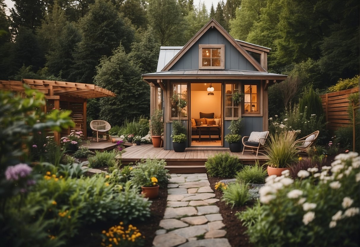 A cozy tiny house nestled in a lush garden with a small patio, outdoor furniture, and a fire pit. Surrounding trees and flowers create a peaceful and inviting atmosphere for outdoor living