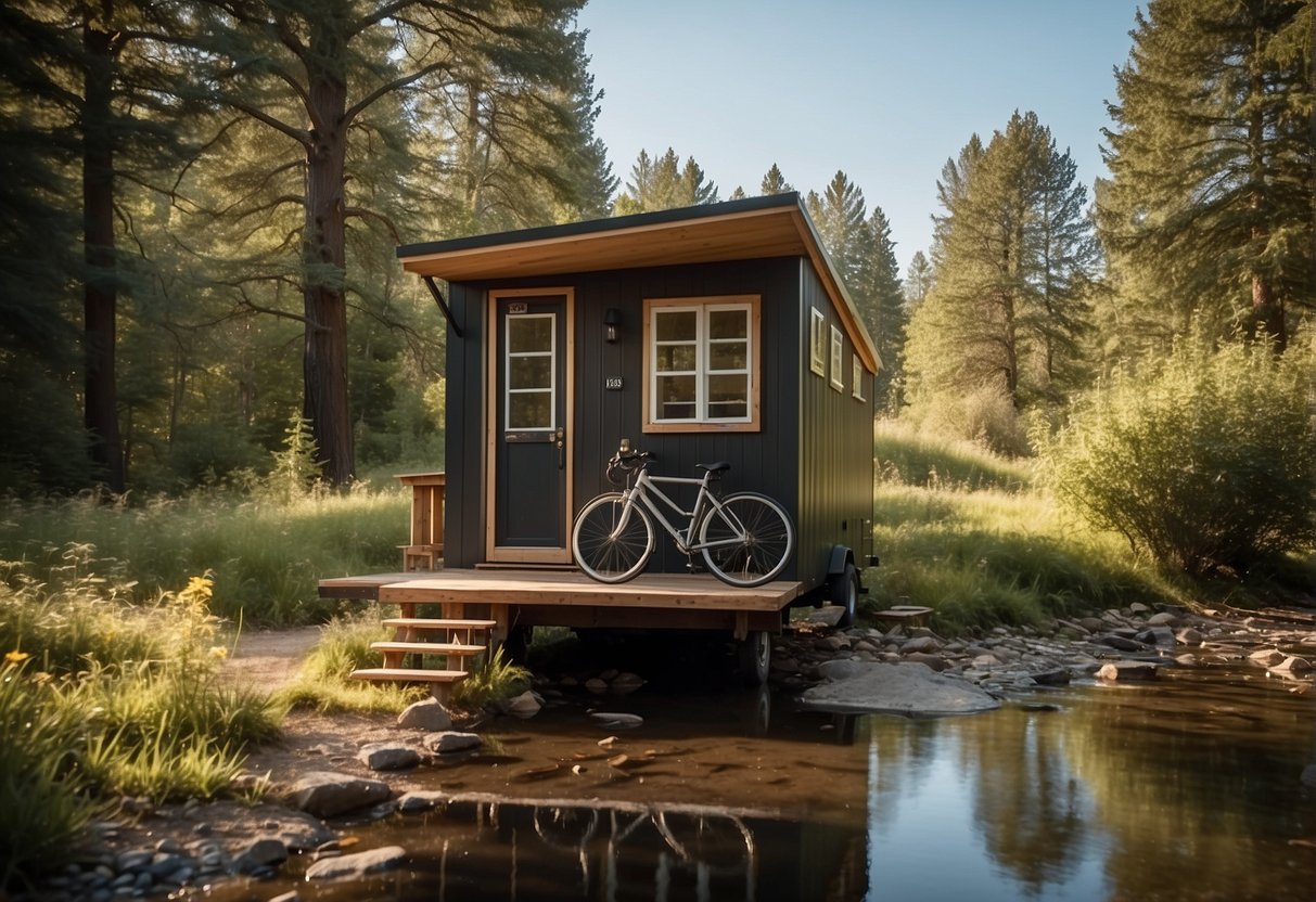 A tiny house on wheels parked in a serene natural setting, surrounded by trees and a small stream, with a bicycle leaning against the side