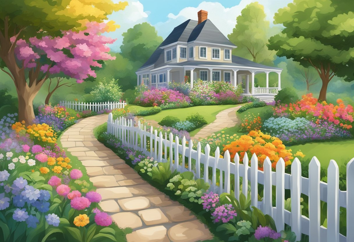 A sprawling garden with colorful flowers and lush greenery, bordered by a quaint picket fence and a winding stone path