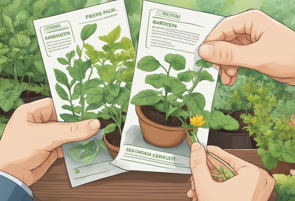 A seed packet rests on a table. A hand holds it up, fingers pointing to the planting instructions. A garden in the background