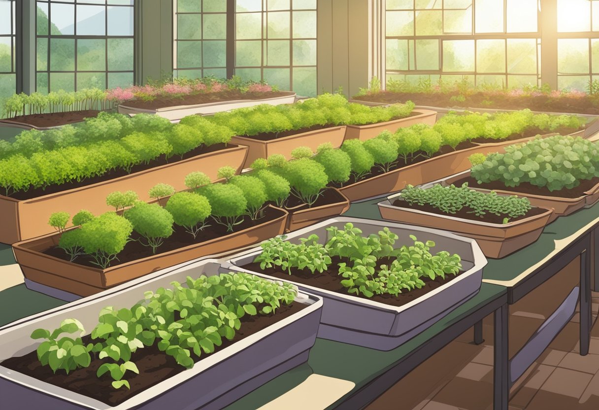 Sunlit garden with rows of potted herbs, soil being watered, and green sprouts emerging