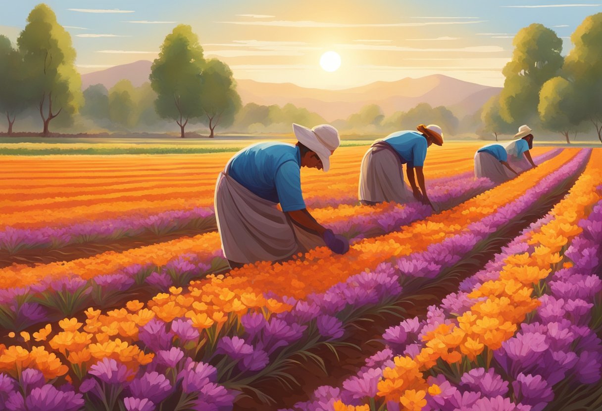 Vibrant saffron flowers bloom in neat rows of rich, well-drained soil. Bright sunlight bathes the fields as diligent workers carefully harvest the delicate crimson stigmas