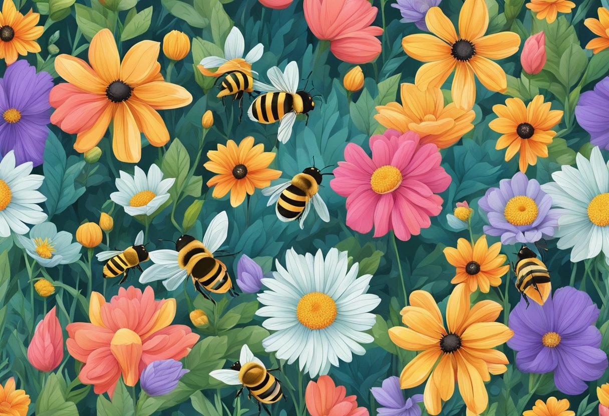 Brightly colored flowers in various shapes and sizes bloom in a lush garden. Bees buzz around, drawn to the nectar and pollen