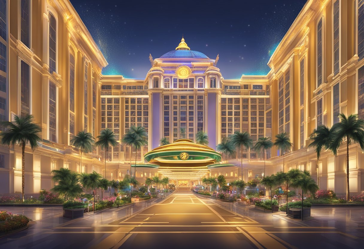The grand entrance of the top 5 casino hotels in Macau, with dazzling lights, luxurious architecture, and bustling crowds