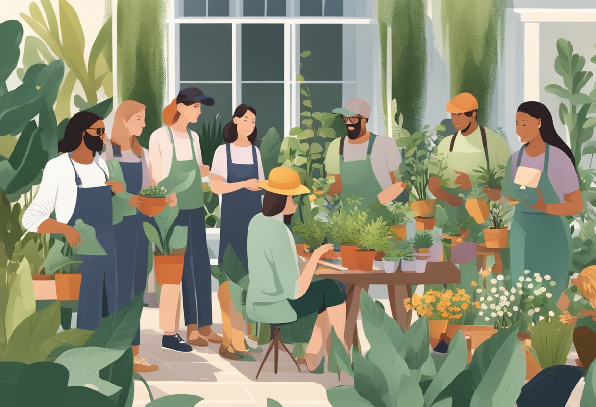 A group of people gather in a sunny outdoor space, surrounded by plants and gardening tools. They are discussing plans and exchanging ideas for starting a garden club