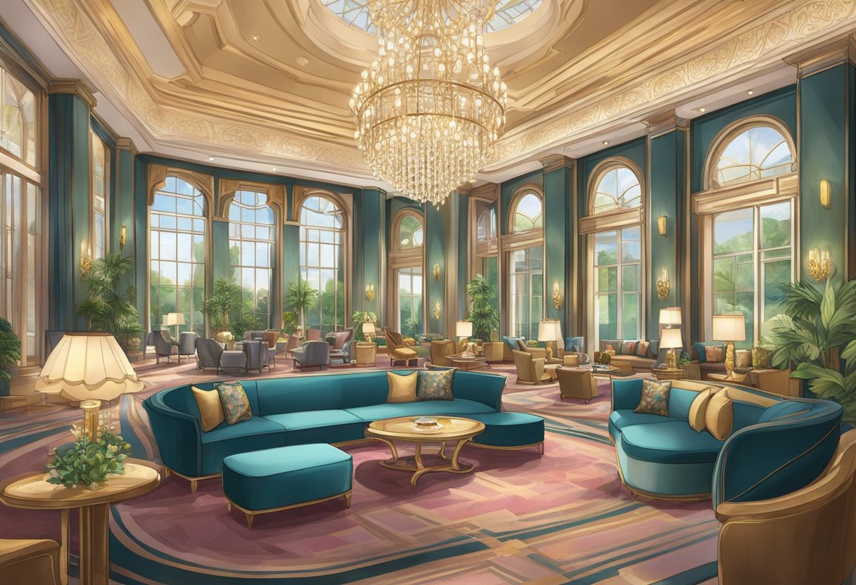 A grand lobby with opulent decor, lavish chandeliers, and plush seating. Views of the bustling casino floor and serene gardens from expansive windows