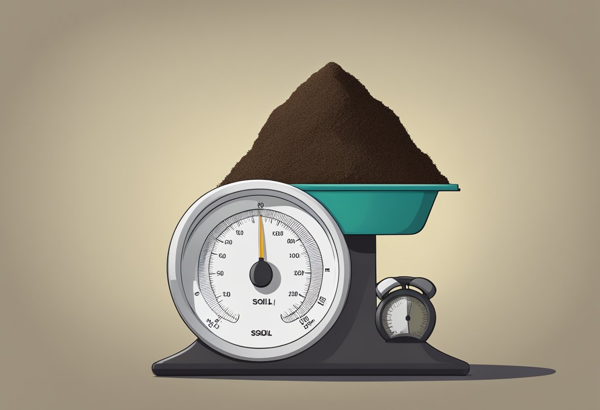 A bag of soil sits on a scale, showing its weight