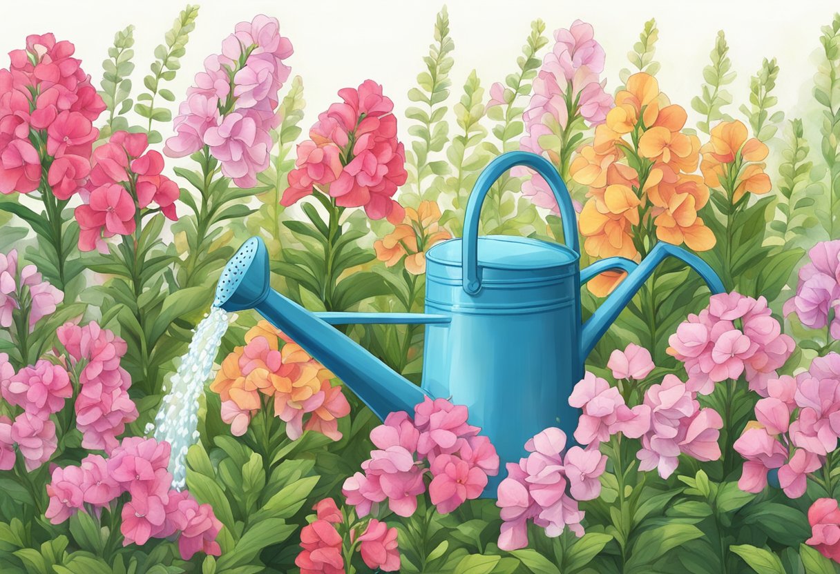 A watering can pours water onto a row of snapdragons in a garden