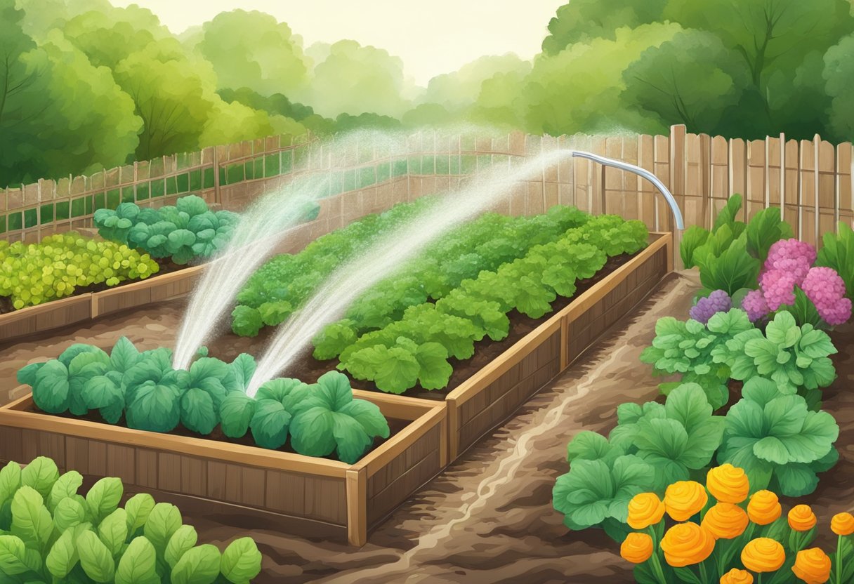 A vegetable garden receives a steady stream of water from a hose, soaking the soil and nourishing the plants