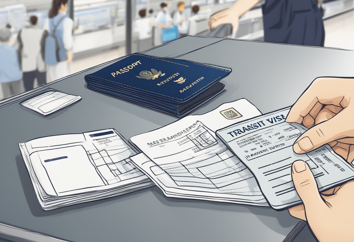 Passport and boarding pass on a Tokyo airport counter, with a sign indicating "Transit Visa Application" and a visa officer assisting a traveler
