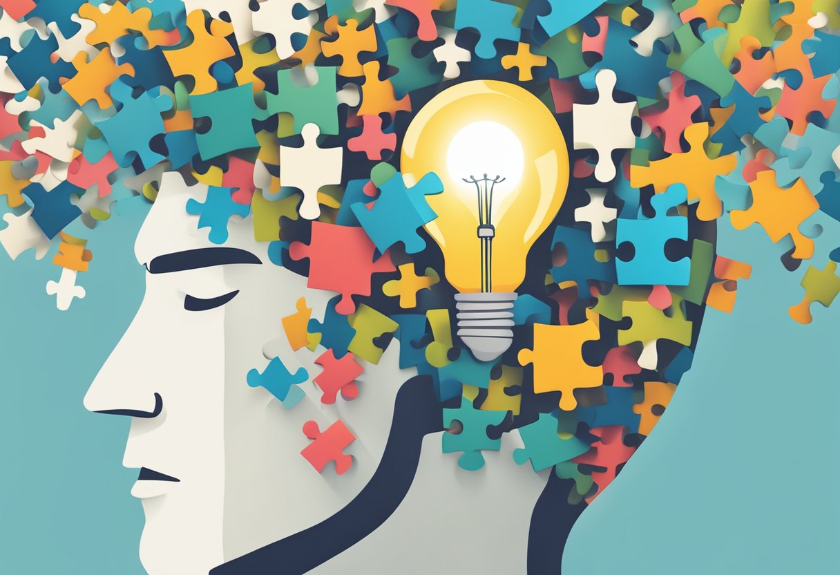 A person with a lightbulb above their head, surrounded by puzzle pieces falling into place, representing the connection between emotional intelligence and strategic thinking