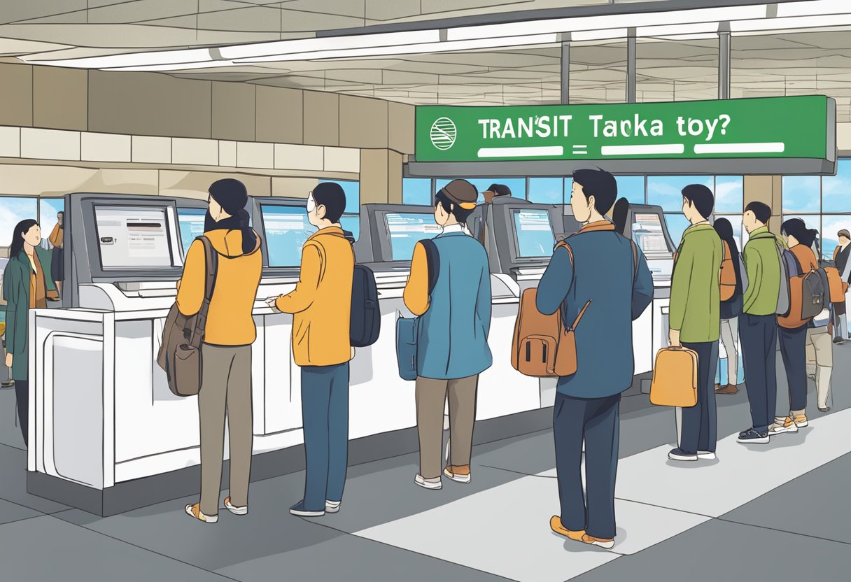 Passengers wait in line at an airport information desk, pointing to a sign that reads "Regulations for Layovers and Transfers: Do you need a transit visa for Tokyo?"