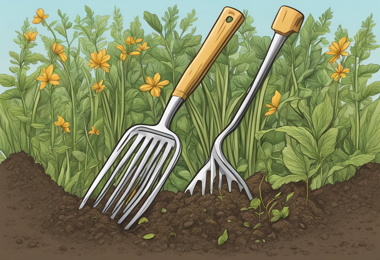A garden fork digs into soil, uprooting tall weeds. A pile of pulled weeds grows nearby