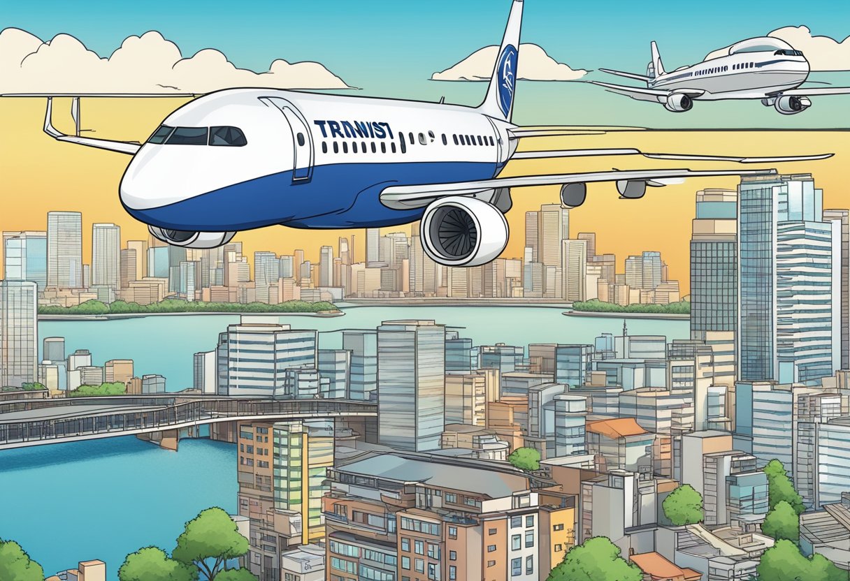 Passport with "Transit Visa" stamp, Tokyo city skyline in background, airplane flying overhead