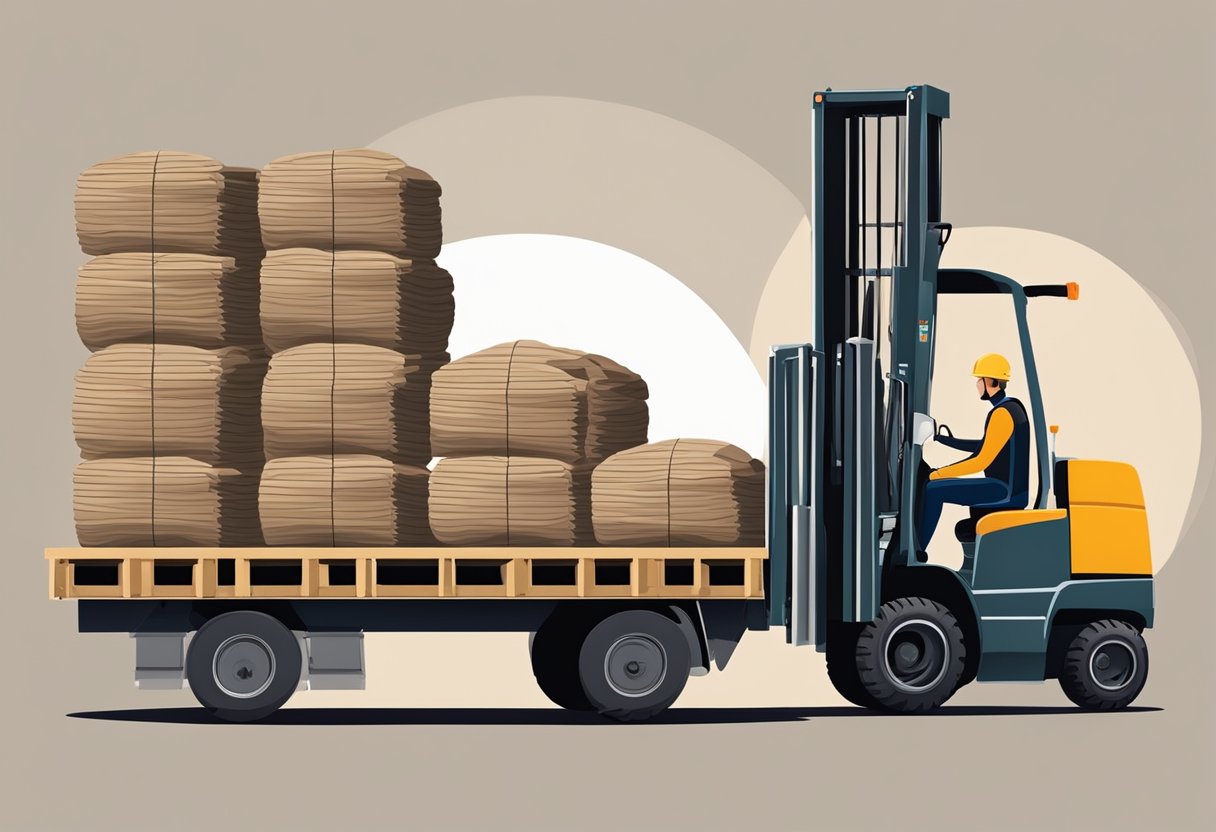 A forklift lifts a pallet of soil bags onto a truck. A worker operates a conveyor belt, filling large bags with soil. Another worker loads the bags onto the truck