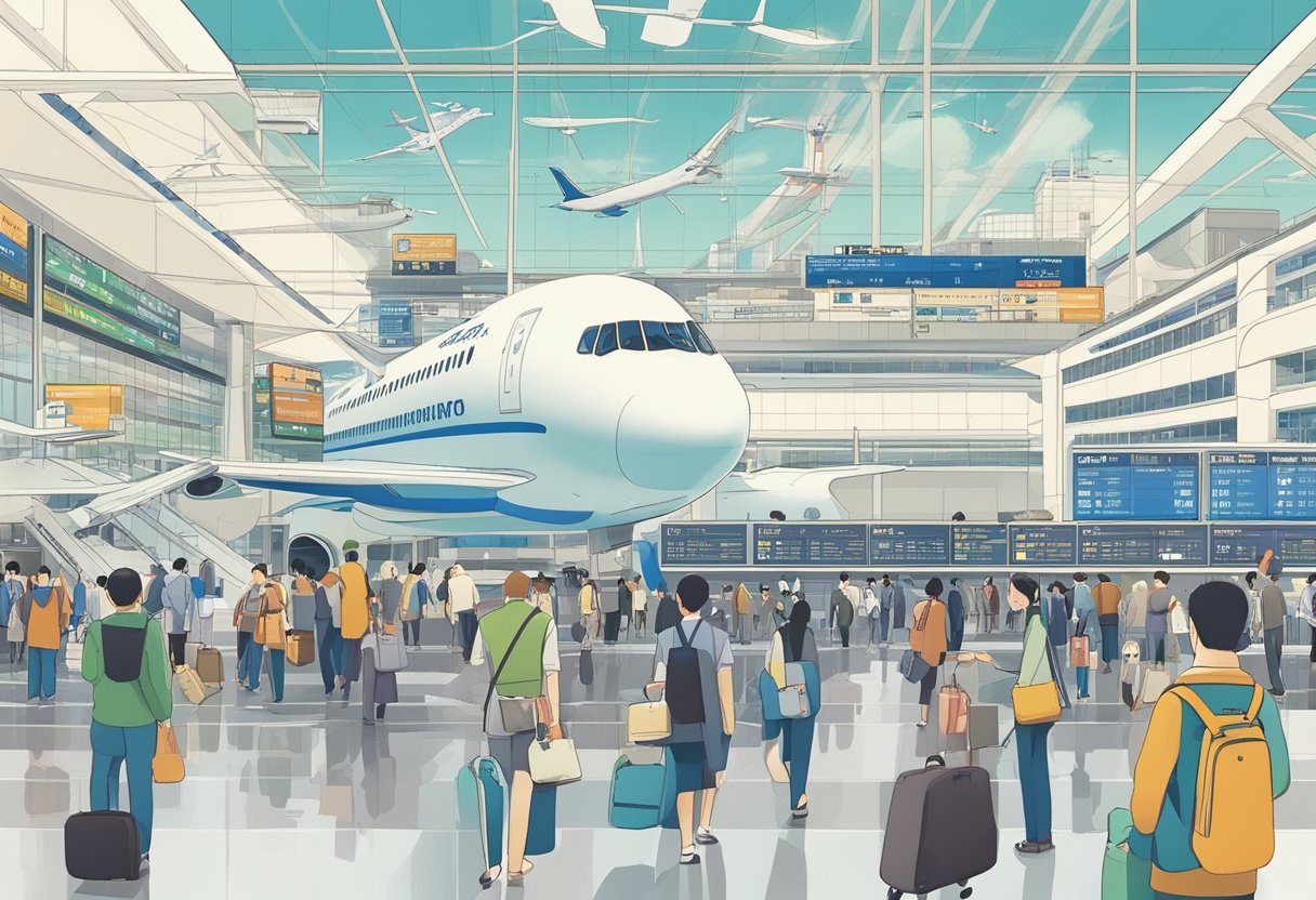 Passengers comparing Narita and Haneda airports. Signs, maps, and airport facilities in the background