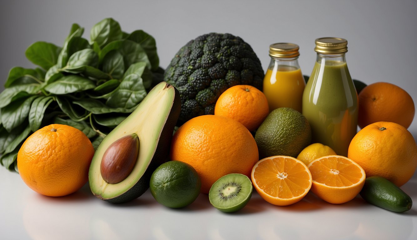 A colorful array of fruits and vegetables, including spinach, oranges, and avocados, are arranged on a table, with a bottle of folic acid supplements nearby