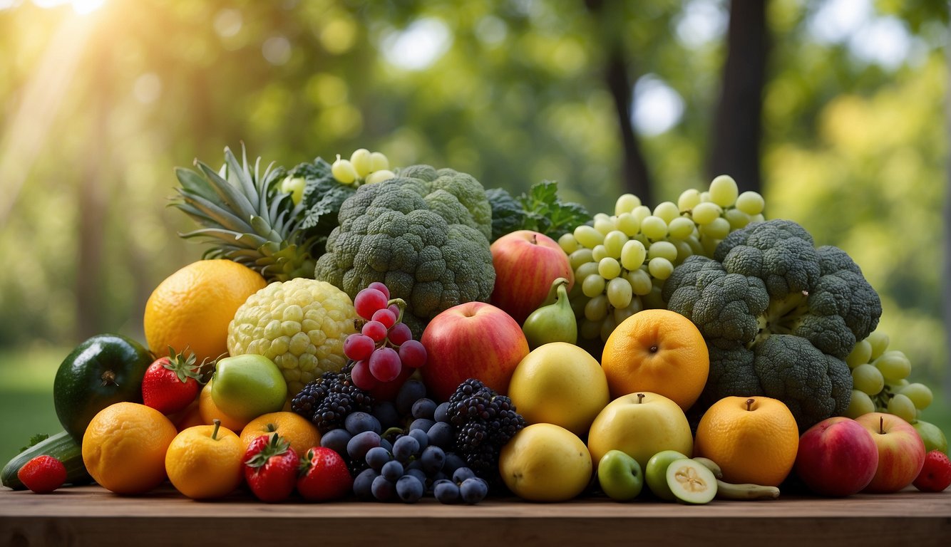 A variety of colorful fruits and vegetables rich in folic acid arranged on a table with a vibrant backdrop of nature