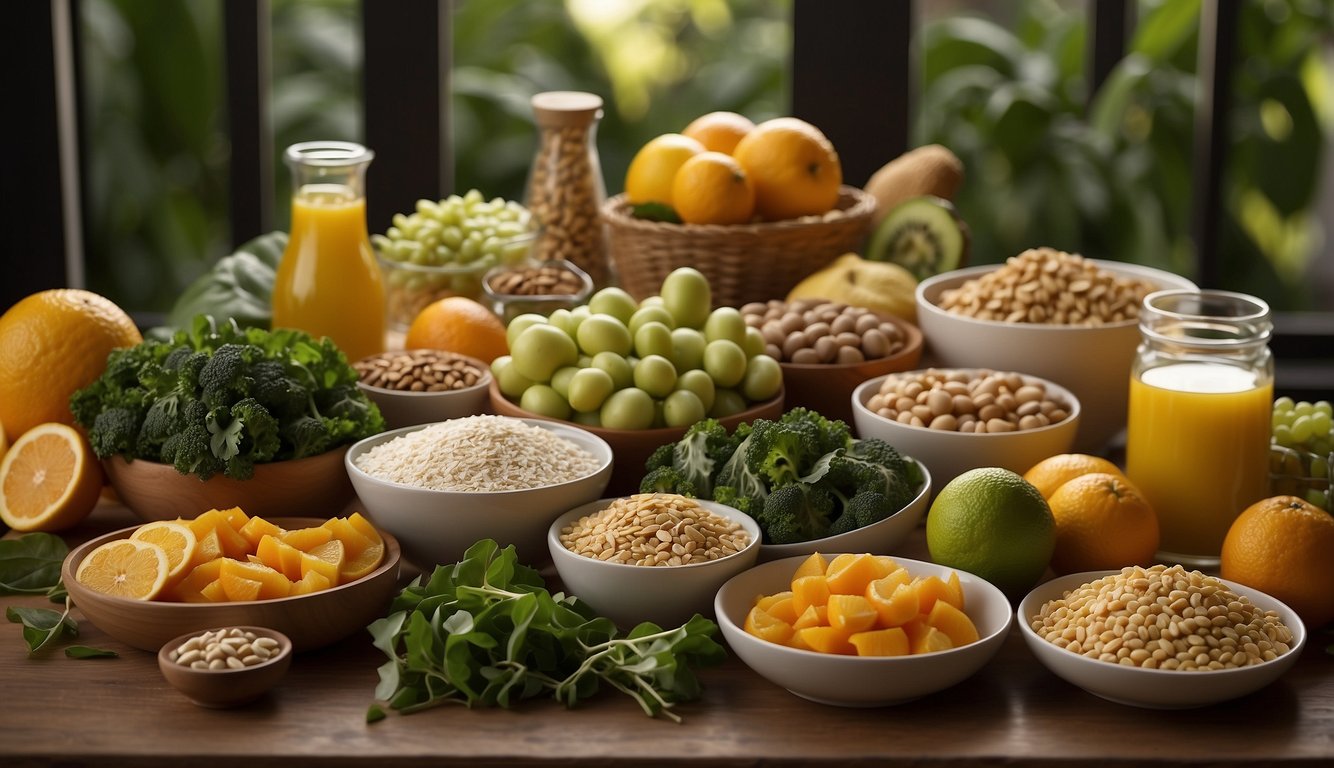 A variety of folic acid-rich foods arranged on a table, including leafy greens, citrus fruits, beans, and fortified cereals
