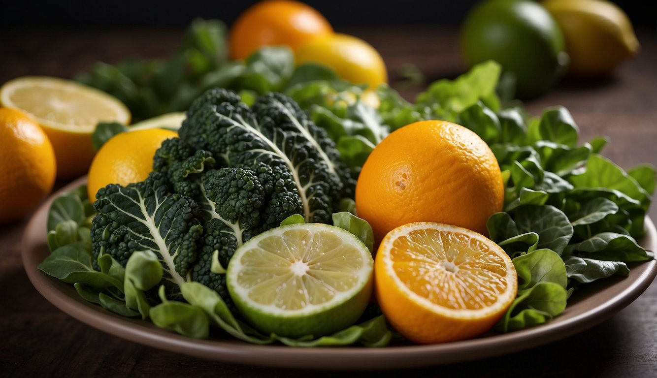 A variety of foods rich in folic acid, such as leafy greens, beans, and citrus fruits, are arranged on a colorful plate