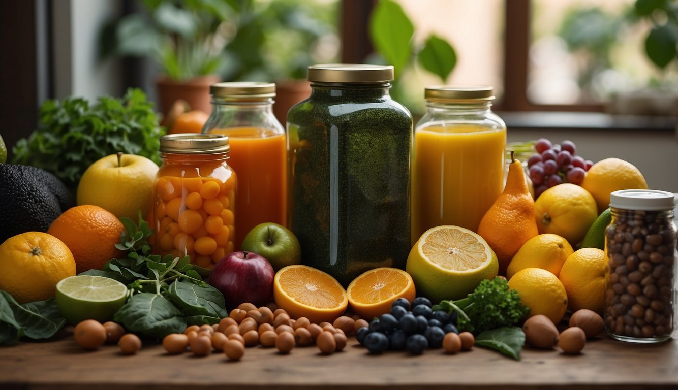 A colorful array of fruits and vegetables, including leafy greens, citrus fruits, and legumes, are arranged on a table, with a bottle of folic acid supplements placed next to them
