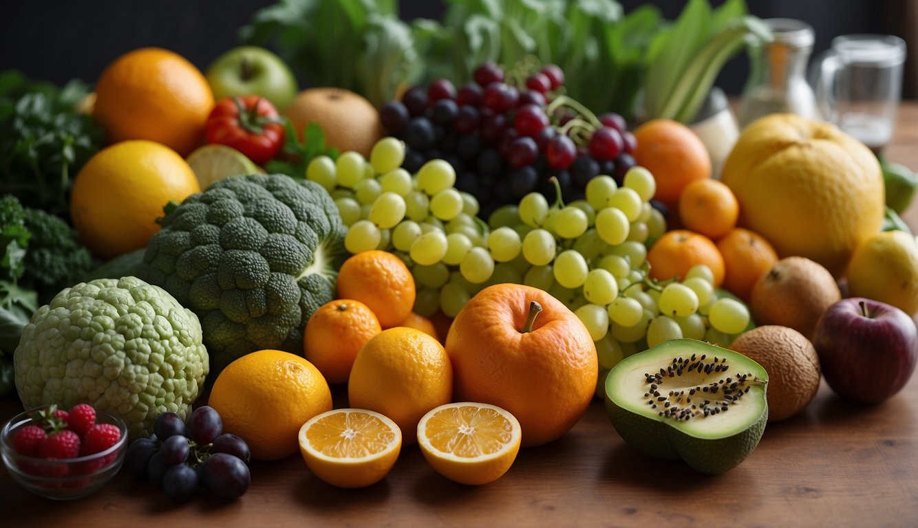 A colorful array of fruits and vegetables rich in folic acid, such as leafy greens, citrus fruits, legumes, and fortified grains, arranged on a table