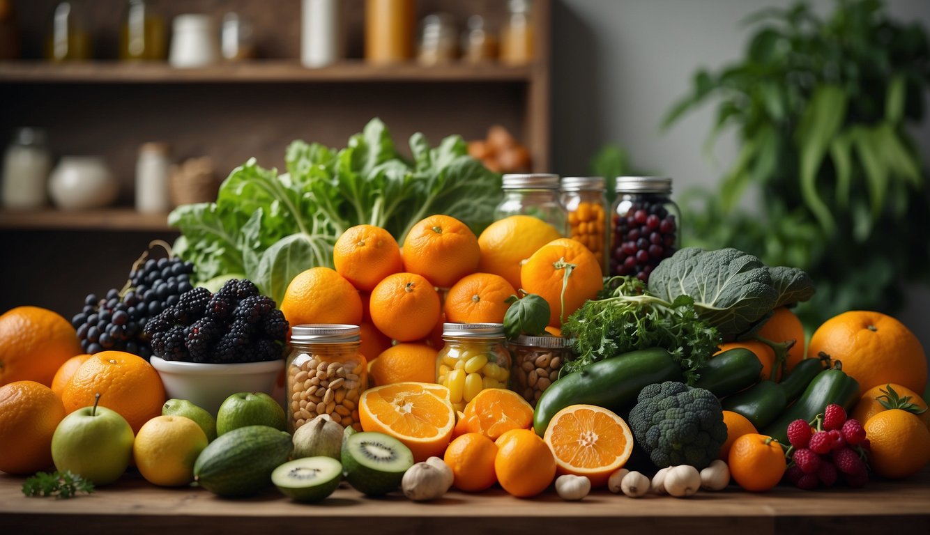 A colorful array of fruits and vegetables, including oranges, leafy greens, and beans, arranged around a central container of folic acid supplements