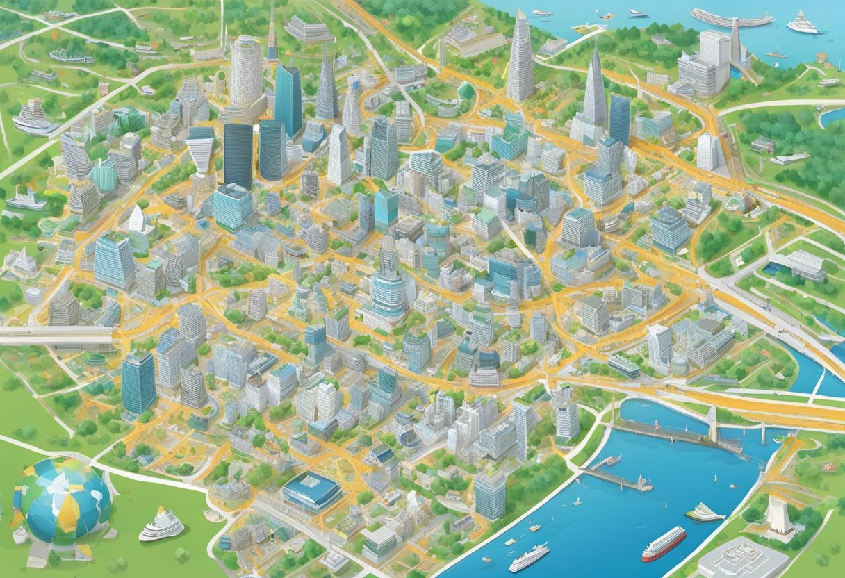 Tourist map of Tokyo with landmarks and transportation options, including English translations. Non-verbal communication aids available at information centers