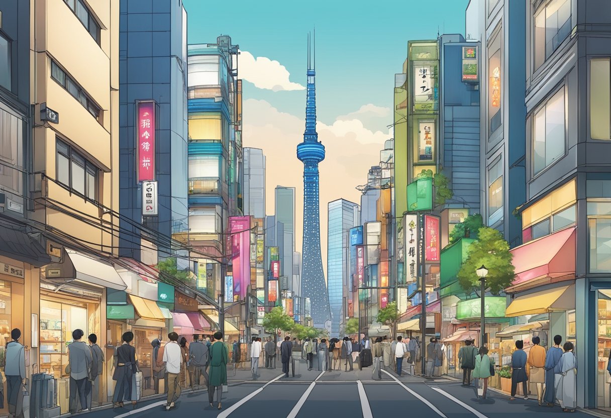 Tokyo: Skyscrapers, bustling streets, luxury stores. Osaka: Smaller buildings, vibrant markets, local shops. Economic divide evident