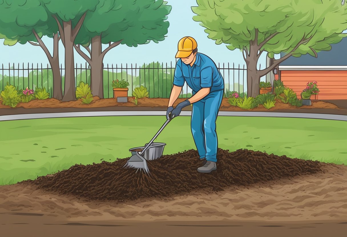 A person removes old mulch, aerates soil, and applies fresh mulch to eliminate the smell