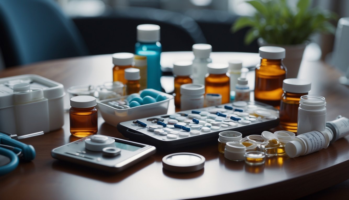 A table with various medications and therapy equipment, surrounded by medical professionals discussing treatment strategies for rheumatoid arthritis