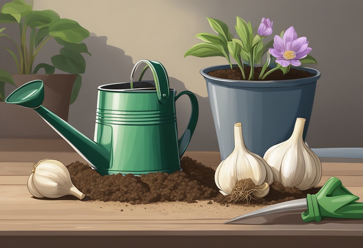 Garlic cloves being planted in a pot with soil, a hand trowel, and a watering can nearby