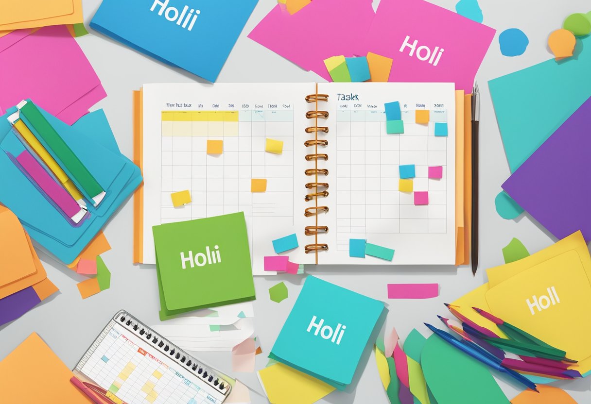 Brightly colored papers labeled with tasks scattered on a desk, while a calendar shows "Holi" marked as a holiday