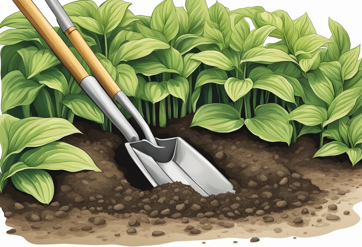 A shovel digs up a hosta. It is carefully placed into a new hole and covered with soil