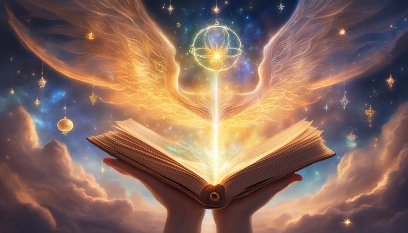 A glowing book with angelic symbols hovers above an open palm, surrounded by celestial light and numbers