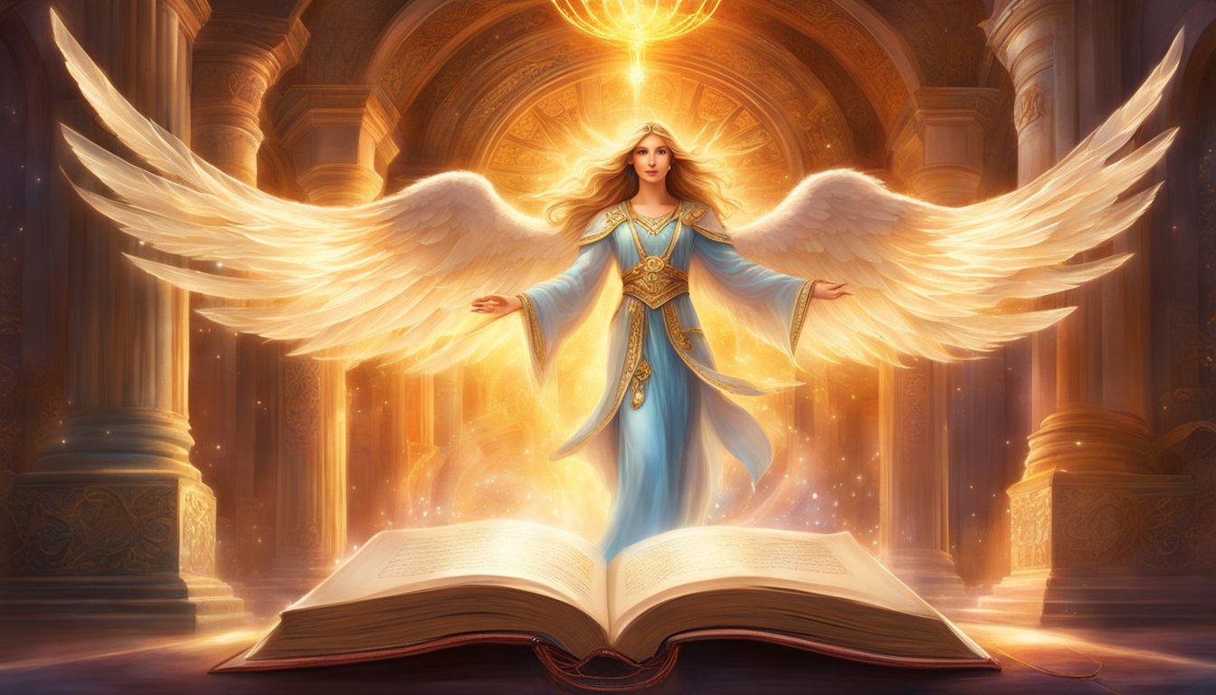 A glowing angelic figure hovers above a book with the title "Understanding the Basics of Angel Numbers," surrounded by beams of light and ethereal symbols