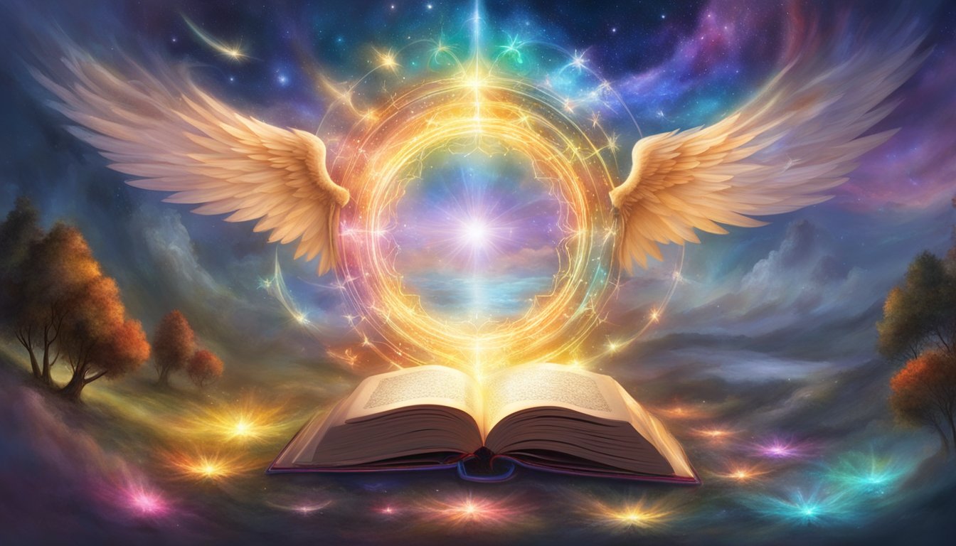 A glowing halo hovers above a book titled "Recognizing Common Angel Numbers", surrounded by floating numbers in various celestial colors