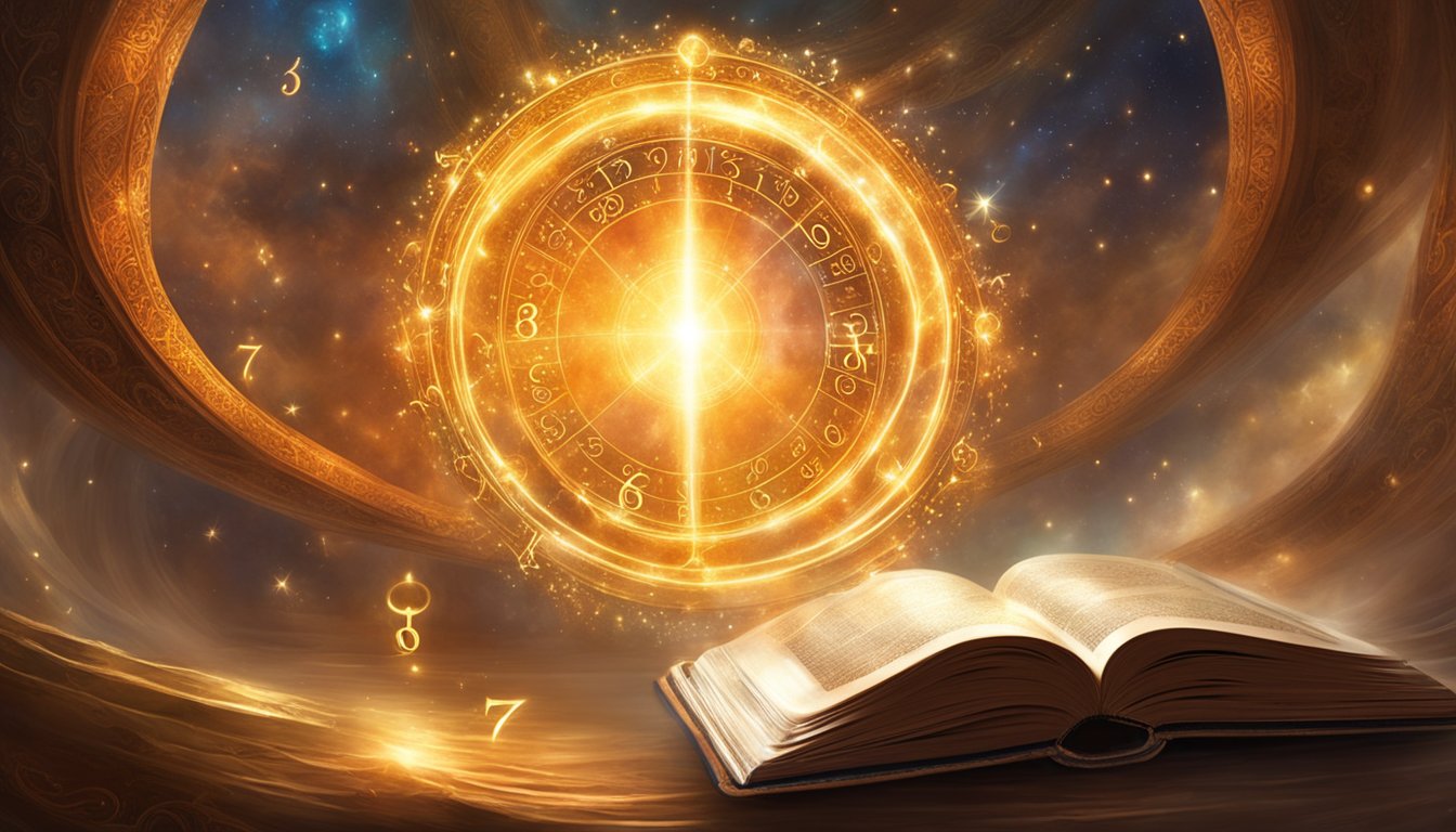 A glowing halo of numbers hovers above a book, each digit radiating with celestial light, as if whispering secrets to the reader