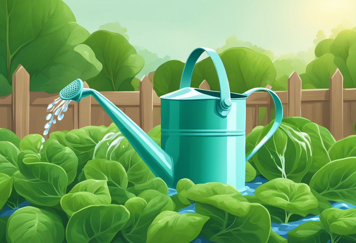 A watering can pours water onto a lush bed of spinach in a garden