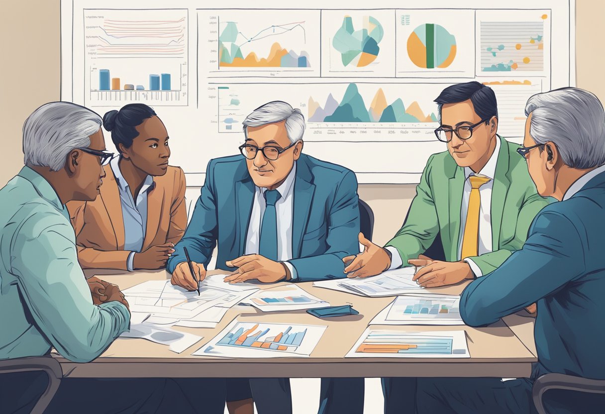 A group of influential figures sit around a table, engaged in deep discussion, while charts and graphs adorn the walls, showcasing their strategic thinking and leadership skills