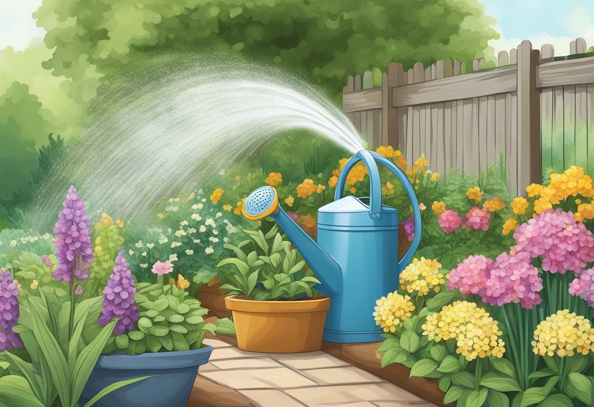 Perennials being watered with a watering can or hose in a garden setting