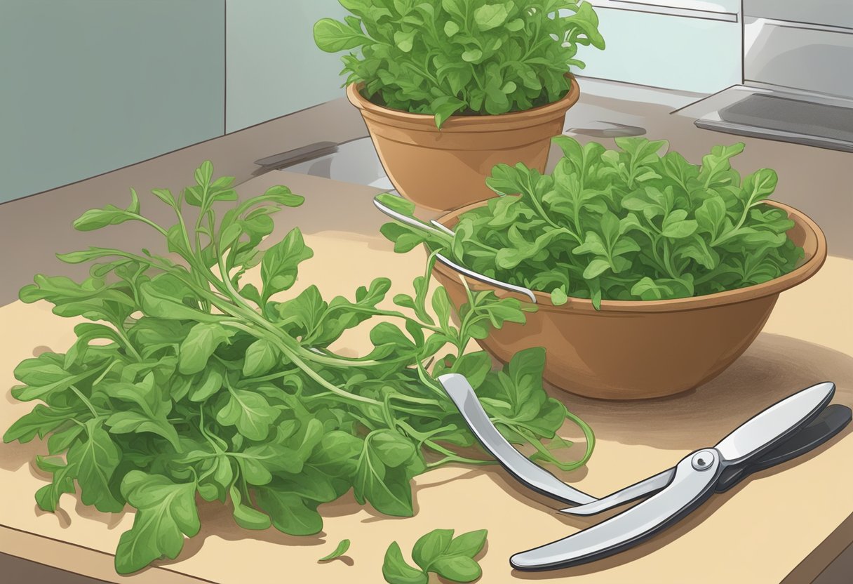 A pair of scissors snipping arugula leaves from the base, leaving the plant intact and ready to continue growing