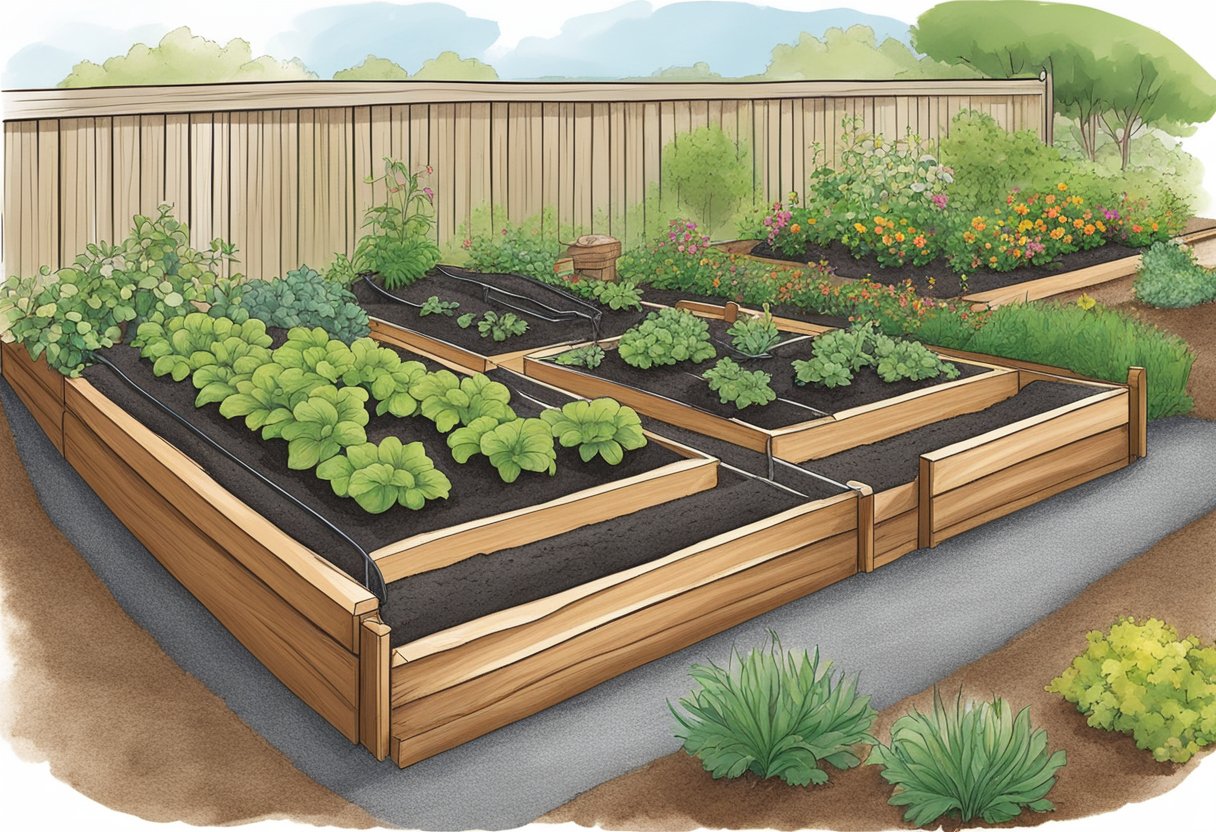 Soaker hose lays along raised beds, watering plants evenly